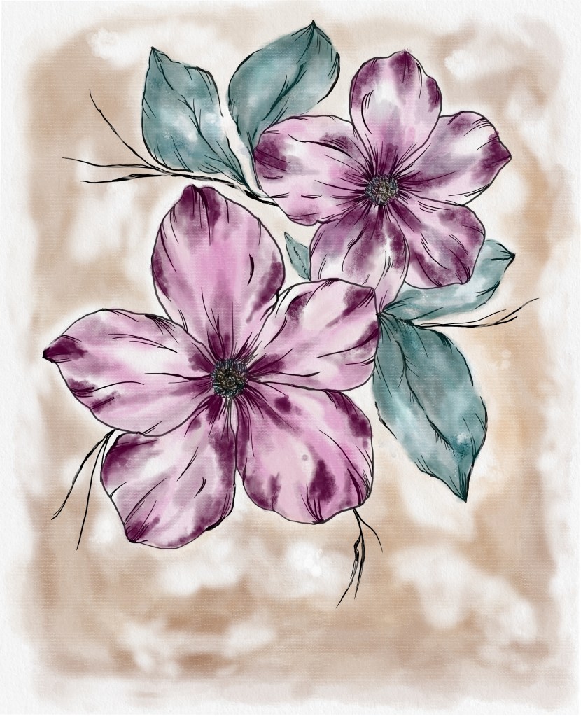 A digital watercolor finished in a air brushed effect. The purple pair is inspired by breathtaking Magnolias.
